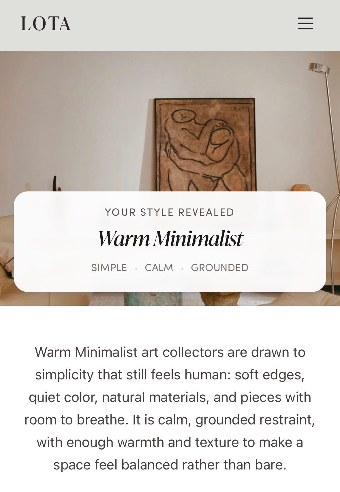 LOTA Art Style Quiz result showing Warm Minimalist with the words simple, calm, and grounded over a neutral interior with abstract art.