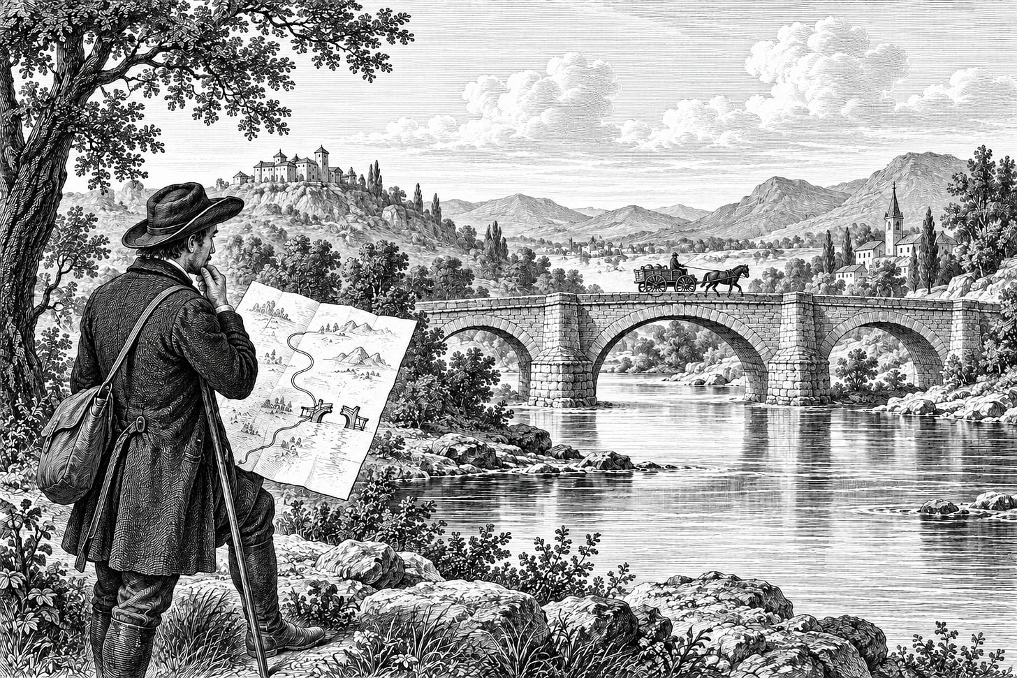 A traveler compares an old map showing a broken crossing with a sound stone bridge ahead A traveler compares an old map showing a broken crossing with a sound stone bridge ahead