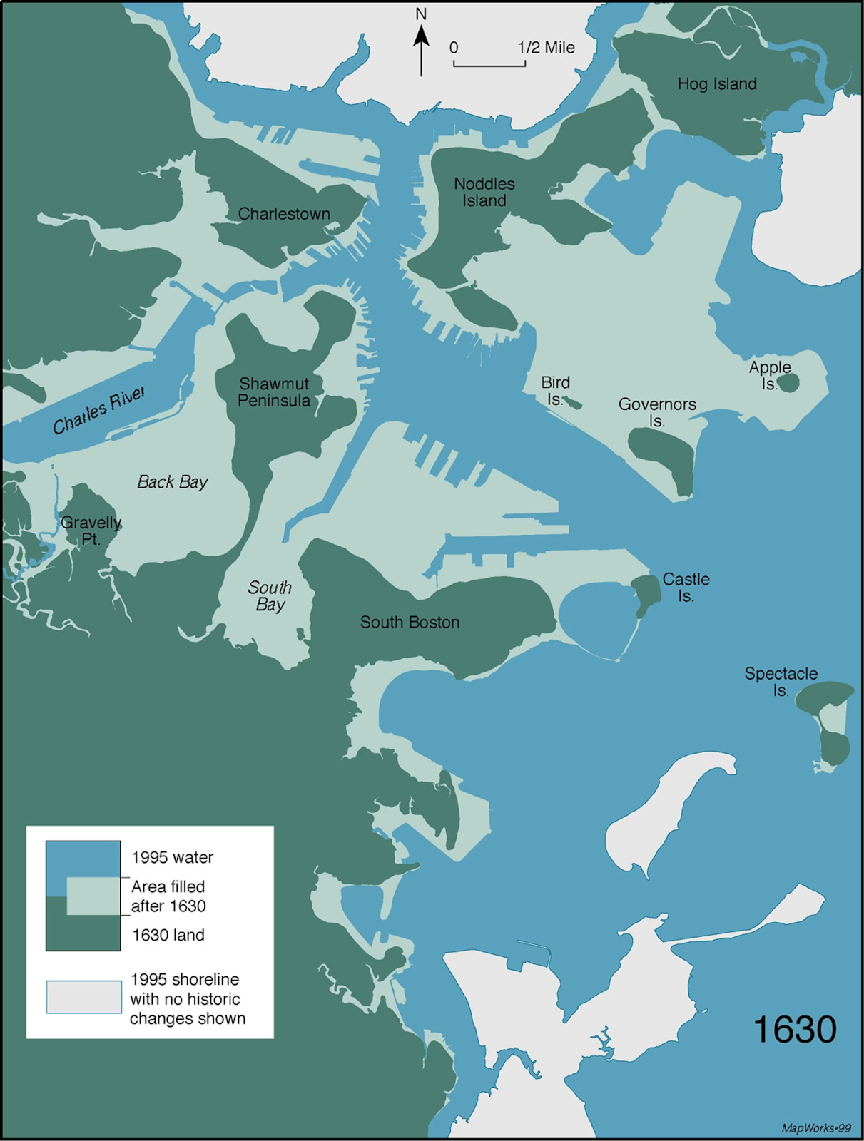 A map showing that most of the land of modern Boston was reclaimed from the ocean. A map showing that most of the land of modern Boston was reclaimed from the ocean.