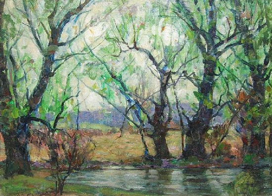 oil painting of trees and trout stream by John F. Carlson