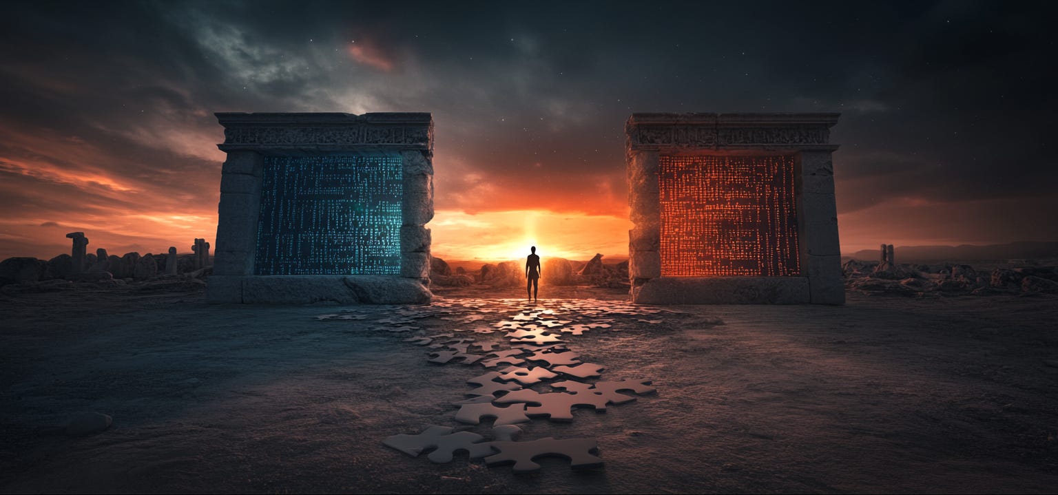 A minimalist surreal image of a human silhouette standing at the edge of a digital landscape. Half of the scene is structured with clean lines of glowing code, mathematical symbols and geometric patterns in blues and greens, representing order and logic. 