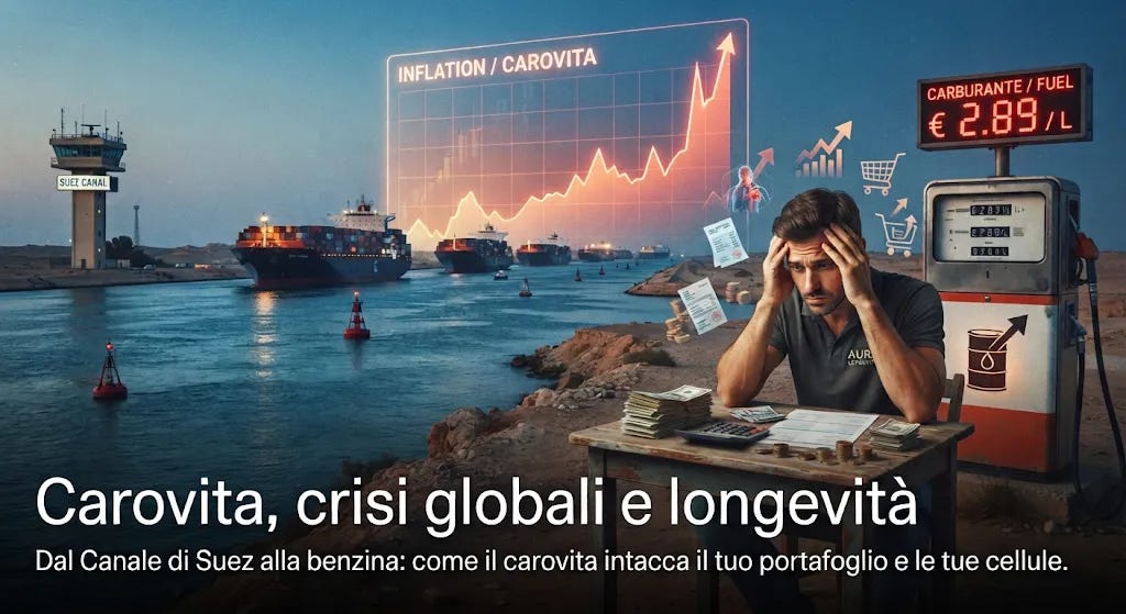 Illustrazione concettuale. Un uomo d'affari disperato è seduto a un tavolo con bollette e calcolatrice. Sullo sfondo, il Canale di Suez con navi cargo e un grafico finanziario in rosso con la scritta 'INFLATION / CAROVITA'. A destra, un distributore di benzina mostra il prezzo 'CARBURANTE / FUEL € 2.89 / L'. Rappresentazione dello stress economico globale e del suo impatto sulla salute. Illustrazione concettuale. Un uomo d'affari disperato è seduto a un tavolo con bollette e calcolatrice. Sullo sfondo, il Canale di Suez con navi cargo e un grafico finanziario in rosso con la scritta 'INFLATION / CAROVITA'. A destra, un distributore di benzina mostra il prezzo 'CARBURANTE / FUEL € 2.89 / L'. Rappresentazione dello stress economico globale e del suo impatto sulla salute.