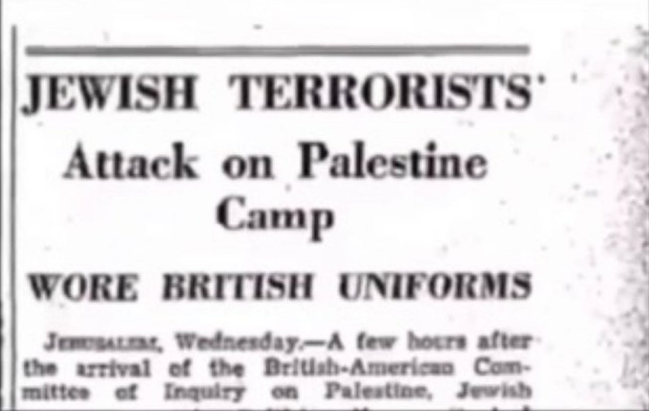 Newspaper headline using the term “Jewish terrorists” during the British Mandate period, showing that Kennedy’s language was not unusual at the time but part of the contemporary record.