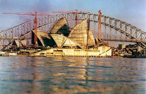 Images of the construction and completion of the Sydney Opera House
