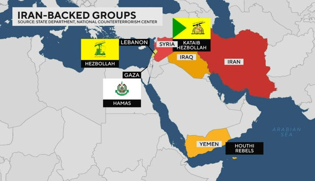 Map of Middle East showing Iran-backed groups including the Houthis in Yemen and Hezbollah in Lebanon Map of Middle East showing Iran-backed groups including the Houthis in Yemen and Hezbollah in Lebanon