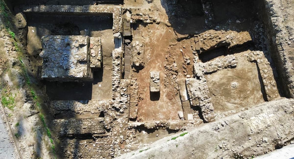 An aerial view of the Roman-era gladiator tomb in Liternum, Italy