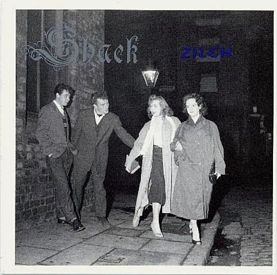 Zilch LP cover. Black and white photo of 1950s young men and women flirting.