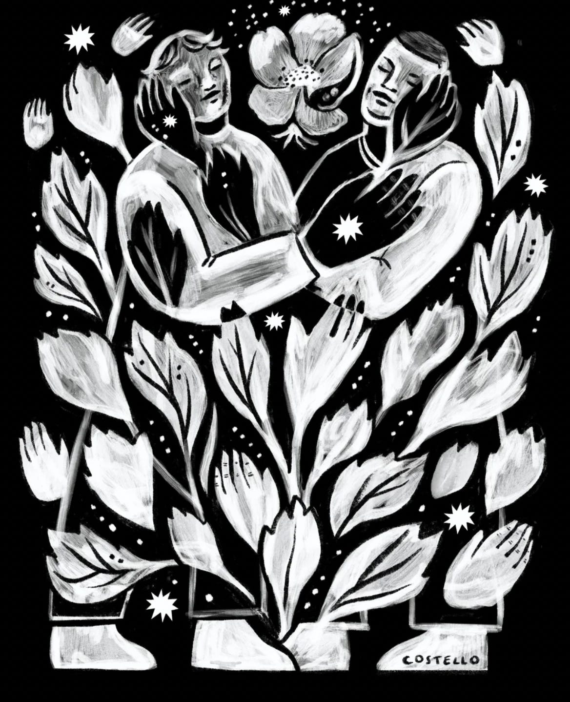 Black and white illustration of ow people facing each ohter with large hands. There i sa flower in teh backgroun, a bunch of leaves and hands that look like leaves. There are stars