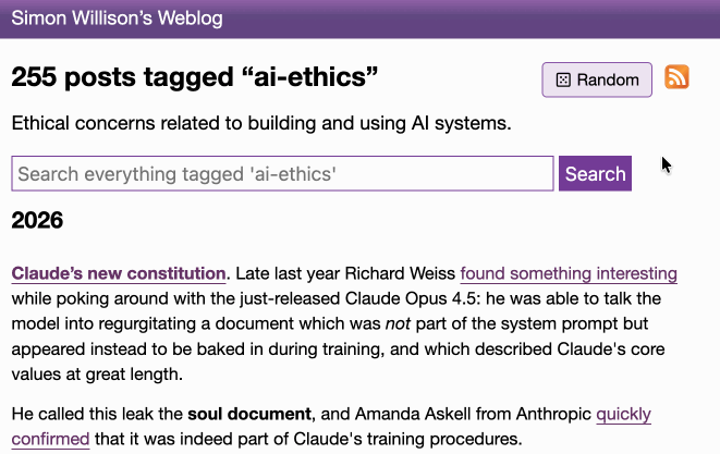 Animated demo. Starts on the ai-ethics tag page where a new Random button sits next to the feed icon. Clicking that button jumps to a post with that tag and moves the button into the site header - clicking it multiple times jumps to more random items.