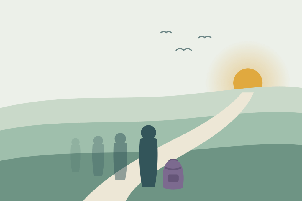  a figure who has set the rucksack down, ancestors fading behind, path leading toward light.
