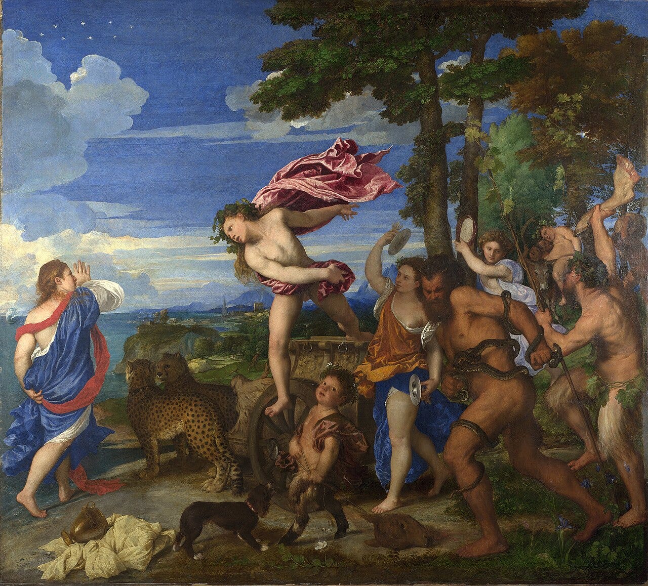 Titian painting of Bacchus leaping from a chariot under a deep ultramarine sky Titian painting of Bacchus leaping from a chariot under a deep ultramarine sky