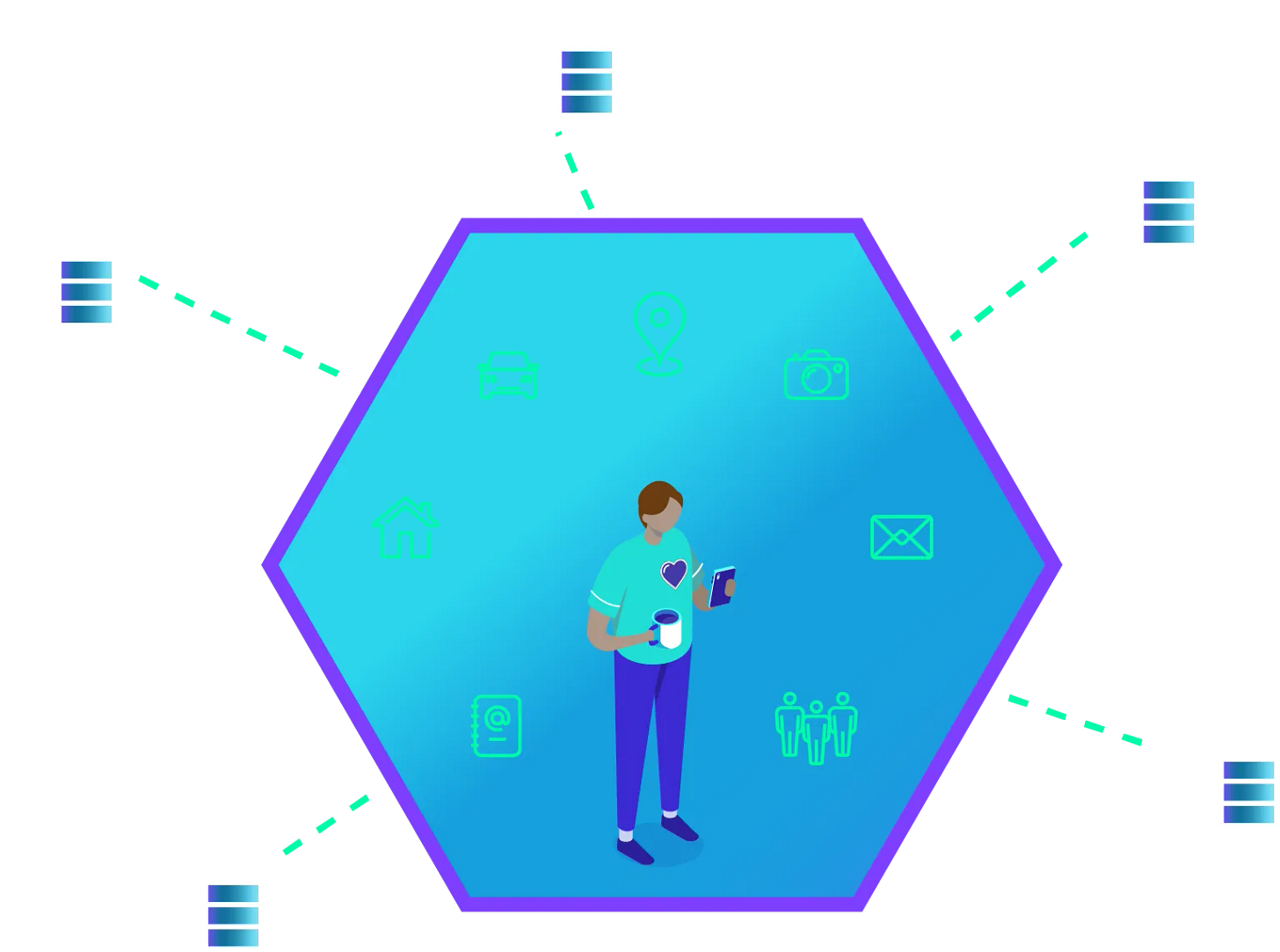 Man standing inside a hexagon (which represents a Pod) with all his data located inside the Pod. Organizations request access to his data and he can choose to share.