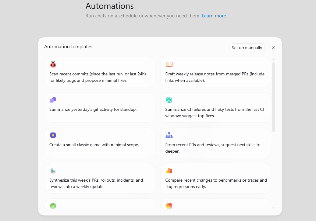 Codex Automations templates panel showing 8 automation cards with icons and brief descriptions, including scanning commits for bugs, drafting weekly release notes, summarizing git activity for standup, and comparing changes against benchmarks.