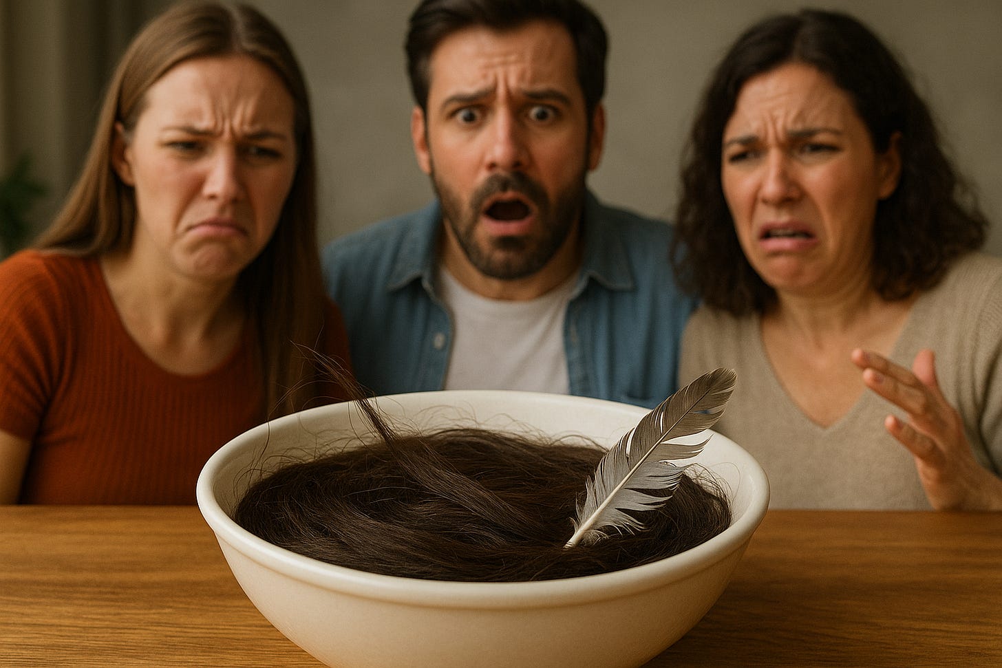 A realistic photo of a bowl filled with hair and feathers on a restaurant table, with horrified people reacting in the background.