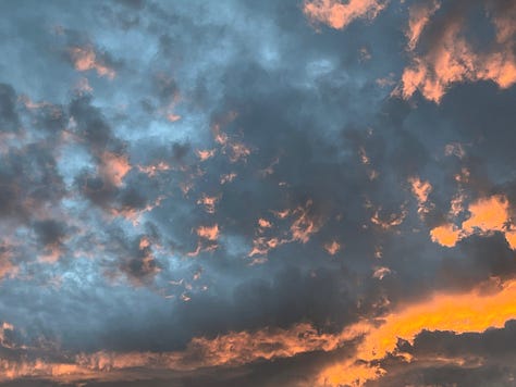 A gallery of 9 images that follow the development of golden light and intense orange and pink colours on beautiful cloud formations after the sun has set one day before the summer solstice in Scotland