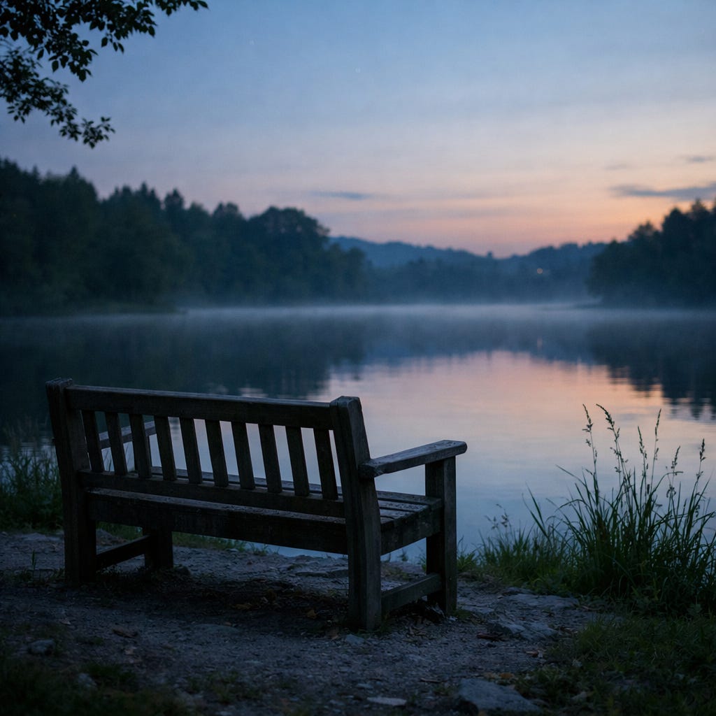 Wooden bench facing a calm lake at dusk, with still water and soft evening light.