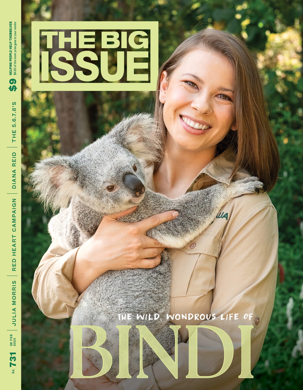 Cover of The Big Issue edition 731 with Bindi Irwin holding a koala. The main text on the cover reads, 'The Wild, Wondrous Life of Bindi'.