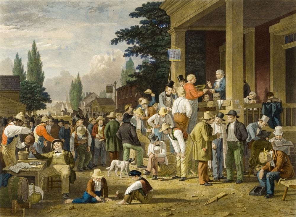 George Caleb Bingham, "The County Election," 1854, via Reynolda House Museum of American Art. George Caleb Bingham, "The County Election," 1854, via Reynolda House Museum of American Art.