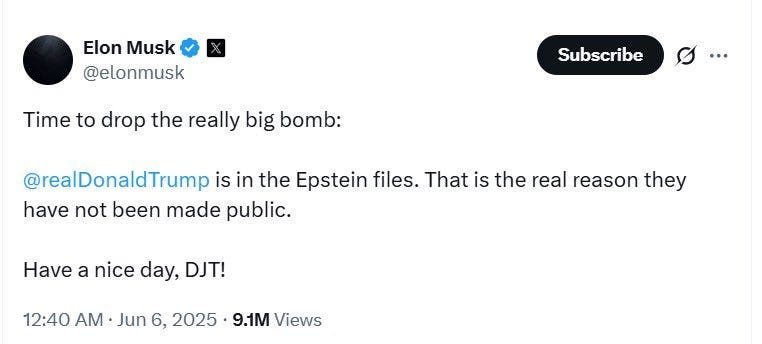 Dhairya Maheshwari on X: "Breaking: Elon Musk claims US President Donald  Trump is there in the #Epstein files, says that's why that haven't been  made public. https://t.co/P8asOfSKLH" / X