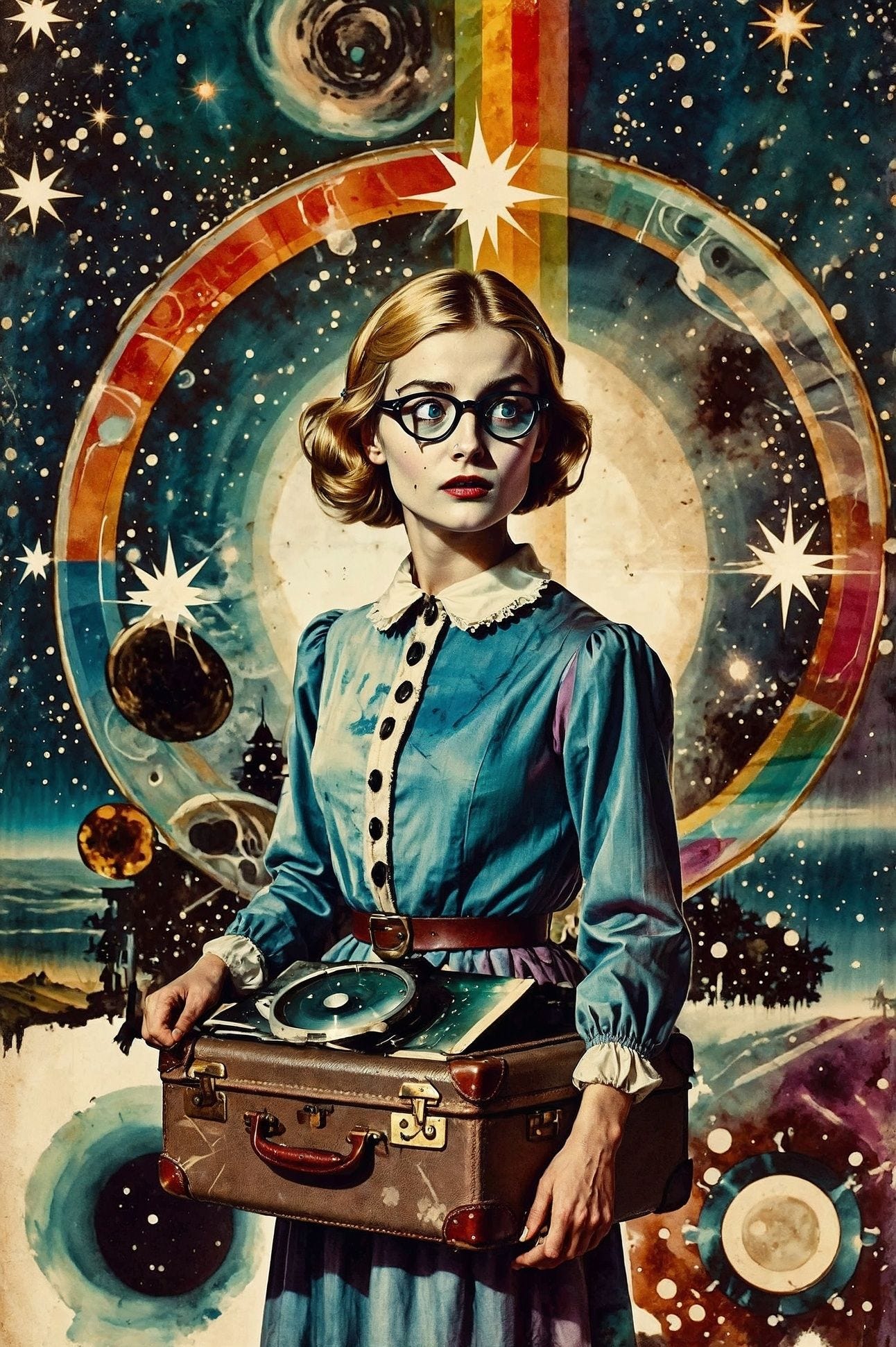 A woman in traditional clothing stands beside a reflective lake under a swirling cosmic sky, illuminated by rainbow hues and countless stars.