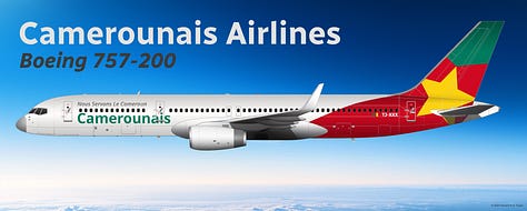 The current Camerounais Airlines fleet: 1) Airbus A321LR; 2) Boeing 737-700; 3) Boeing 757-200; 4) Bombardier Dash-8 Q200; 5) Bombardier Dash-8 Q400; 6) Aria T42 Transonic; 7) Aria T102 Transonic; and 8) Aria V42 VTOL QC Combi - all shown in side view.