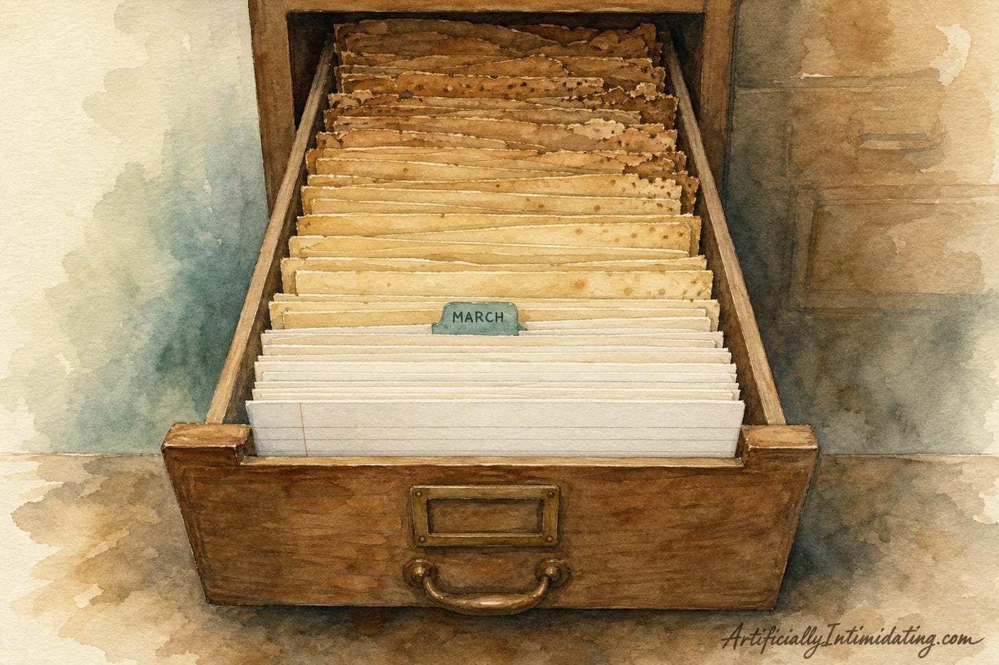 A watercolor of an open wooden filing drawer packed with upright record cards. The cards at the front are crisp and white; moving backward they yellow, curl and brown until the ones at the rear are brittle and illegible. One tab near the middle reads MARCH.