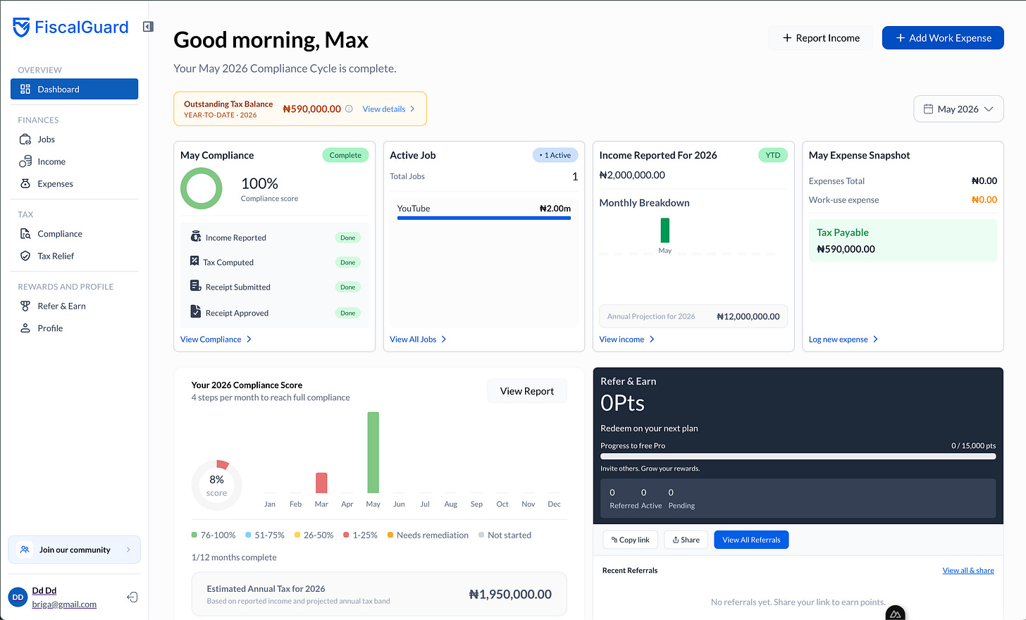 Screenshot of the FiscalGuard tax dashboard showing year-to-date gross income, deductions, projected annual tax, and current net tax position for a Nigerian independent worker.