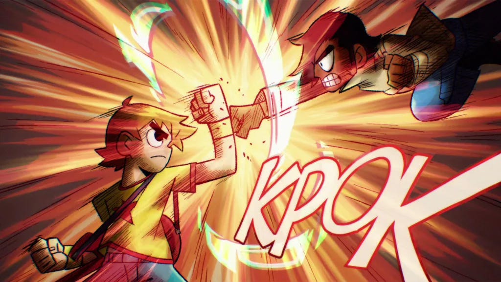 Scott Pilgrim (Michael Cera) fights Matthew Patel (Satya Bhabha) Scott Pilgrim (Michael Cera) fights Matthew Patel (Satya Bhabha)