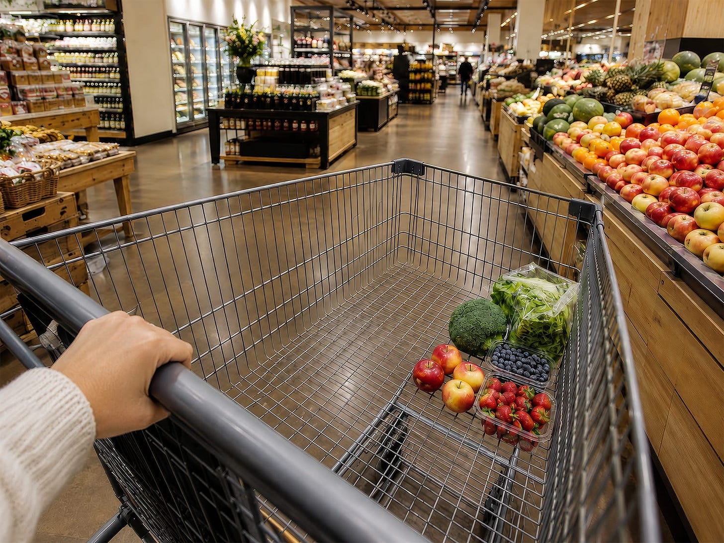 A photograph of an oversized grocery cart in a supermarket A photograph of an oversized grocery cart in a supermarket