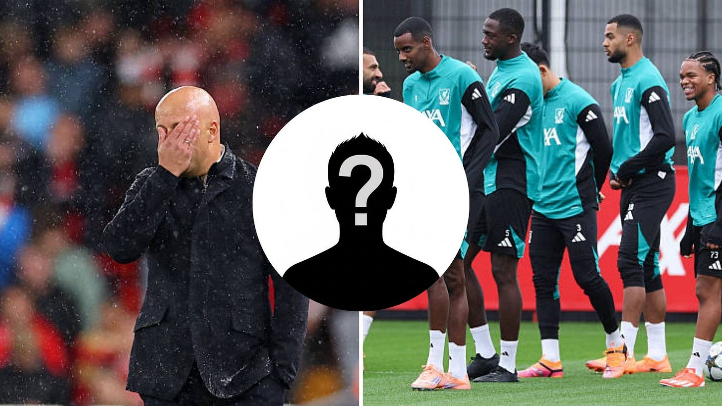 Split image of Arne Slot and Liverpool players with overlay of mystery player
