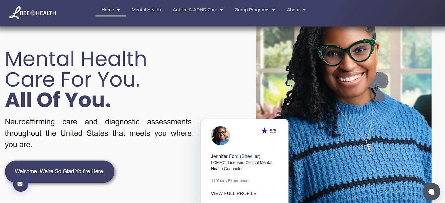 Screenshot of LBee Health website section displaying provider profiles with ratings and experience details. Screenshot of LBee Health website section displaying provider profiles with ratings and experience details.