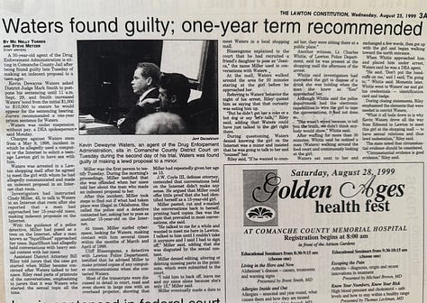 Stories about the DEA agent arrested for making lewd or indecent proposal to a child under the age of 16. Kevin Dewayne Waters drove from Oklahoma City to Lawton to meet a decoy girl he had been chatting with through the Internet. Click on the image to read the stories. (Mc Nelly Torres | Don’t Forget My Voice)