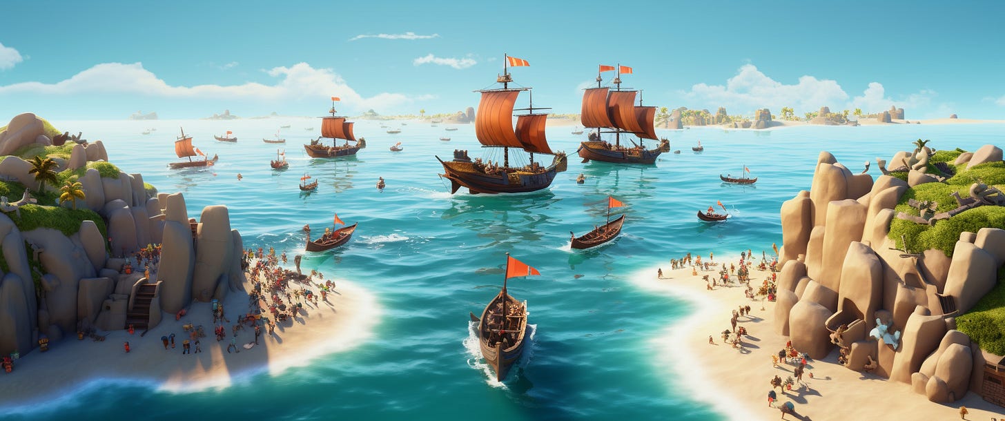 First sailboat to make it onshore. Image generated by Midjourney AI.