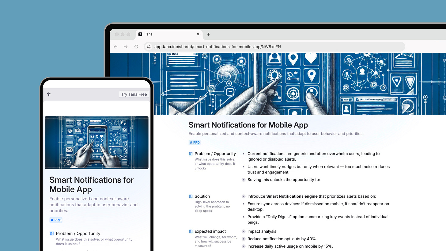 Tana publish lets you share notes with a public links that works both on mobile and desktop