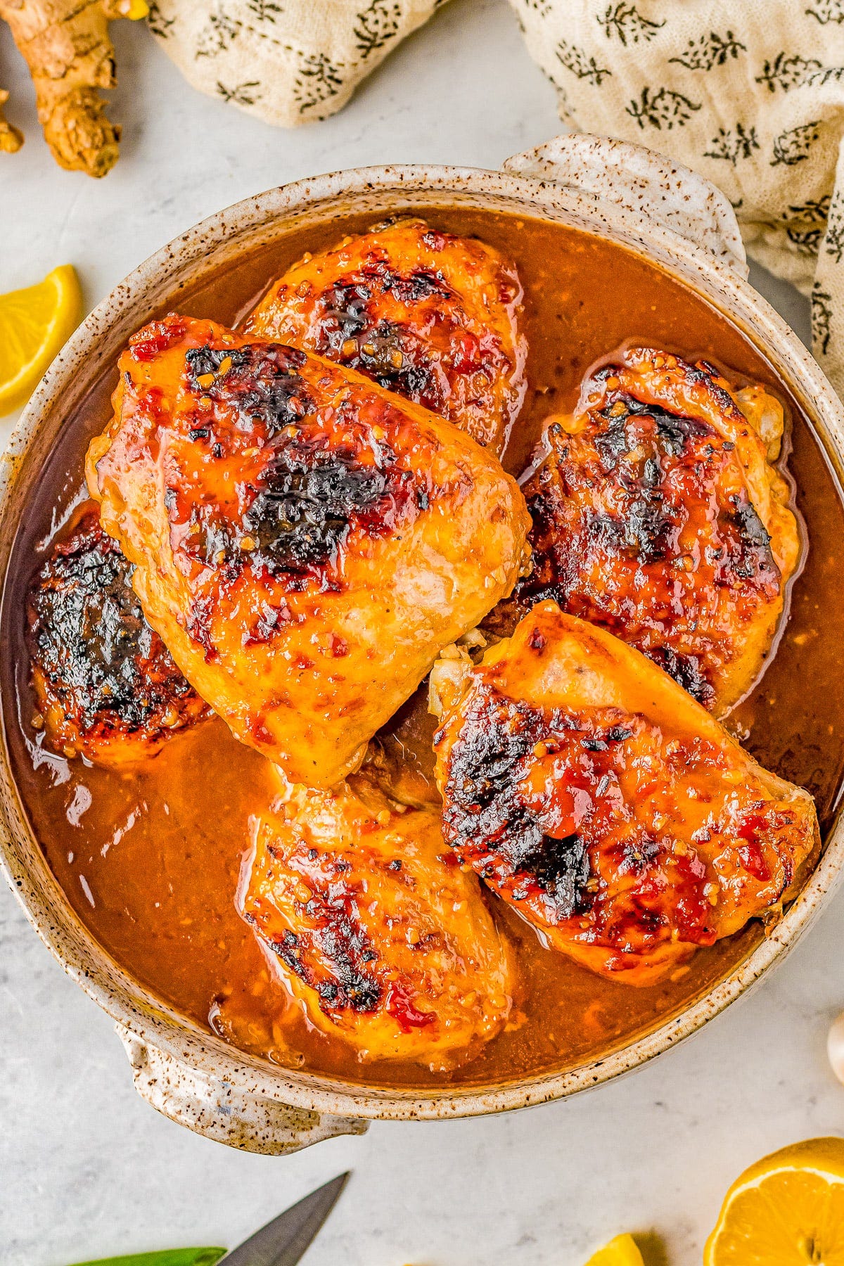 Honey Soy Baked Chicken Thighs in a pot. 