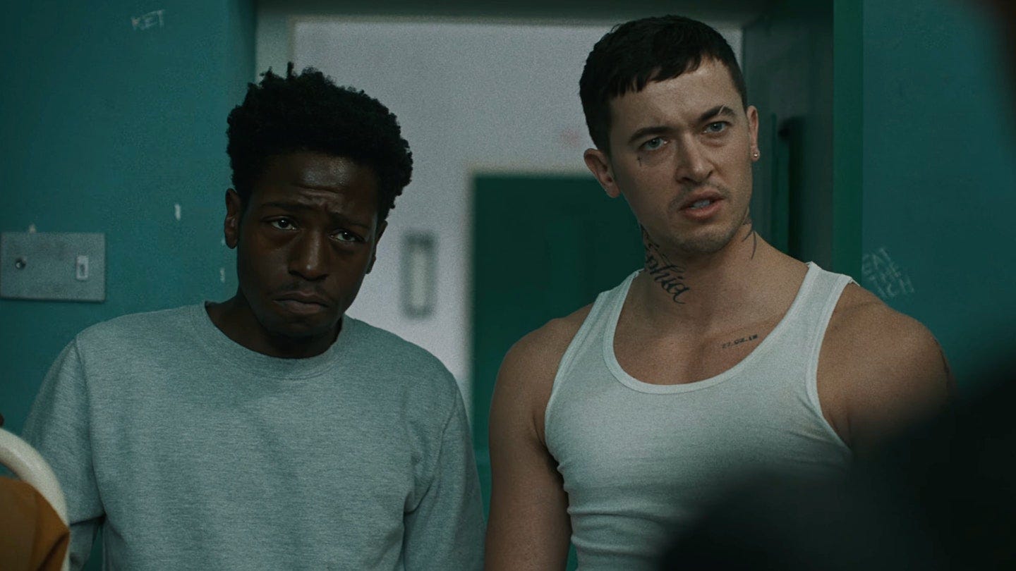David Jonsson and Tom Blyth in a scene from the 2026 British prison drama film Wasteman