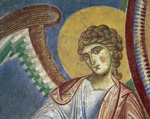 : Angel, detail of fresco, Basilica of Sant'Angelo in Formis, Sant'Angelo in Formis, Campania, Italy, 11th century : Angel, detail of fresco, Basilica of Sant'Angelo in Formis, Sant'Angelo in Formis, Campania, Italy, 11th century