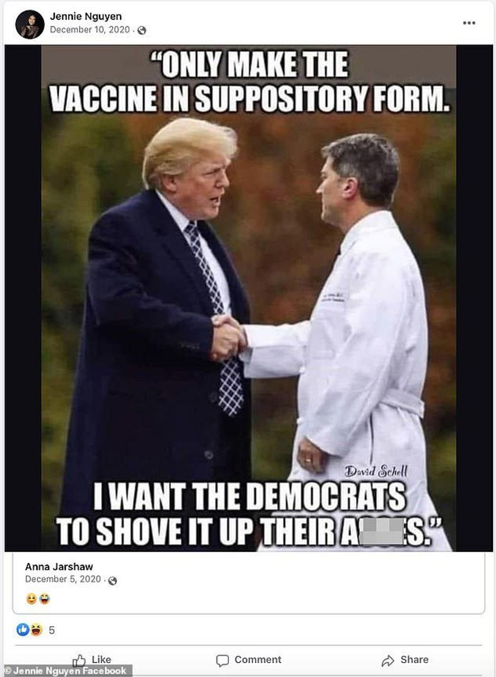 Only make the vaccine in suppository form. I want the Democrats to shove it up their asses. Only make the vaccine in suppository form. I want the Democrats to shove it up their asses.