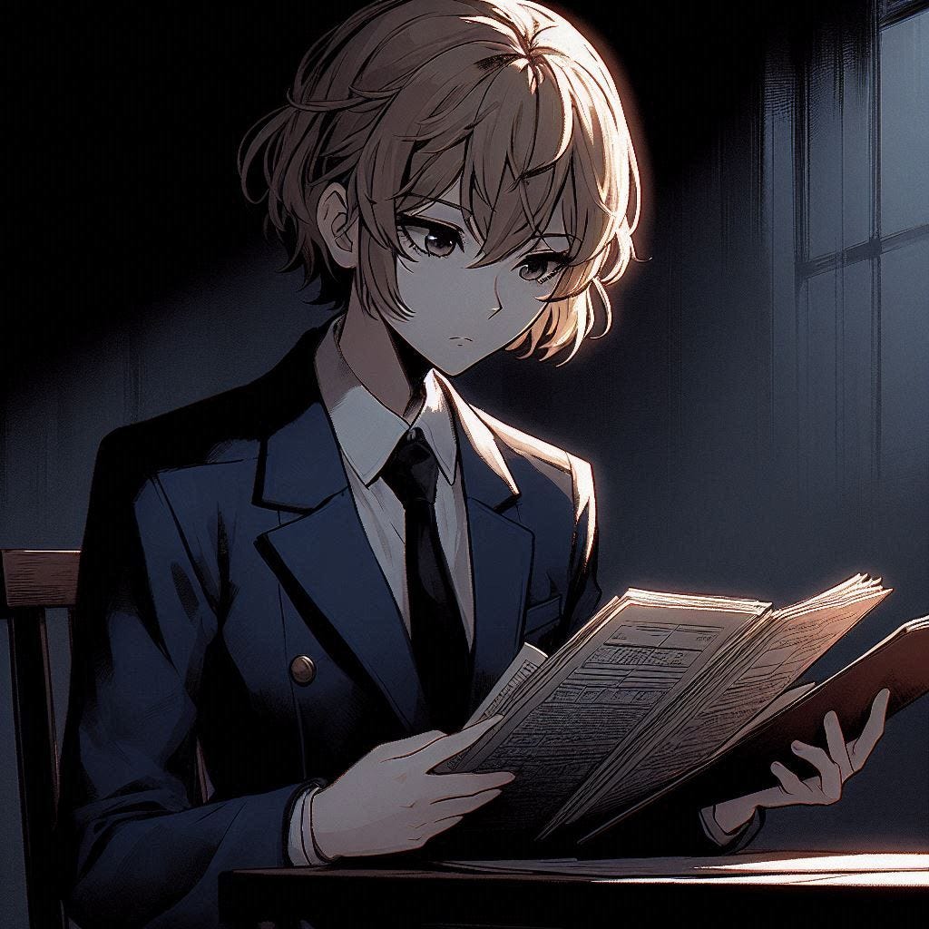 a young woman with short blond hair who is wearing a navy suit reading three police reports in a dark room. dark anime art style a young woman with short blond hair who is wearing a navy suit reading three police reports in a dark room. dark anime art style