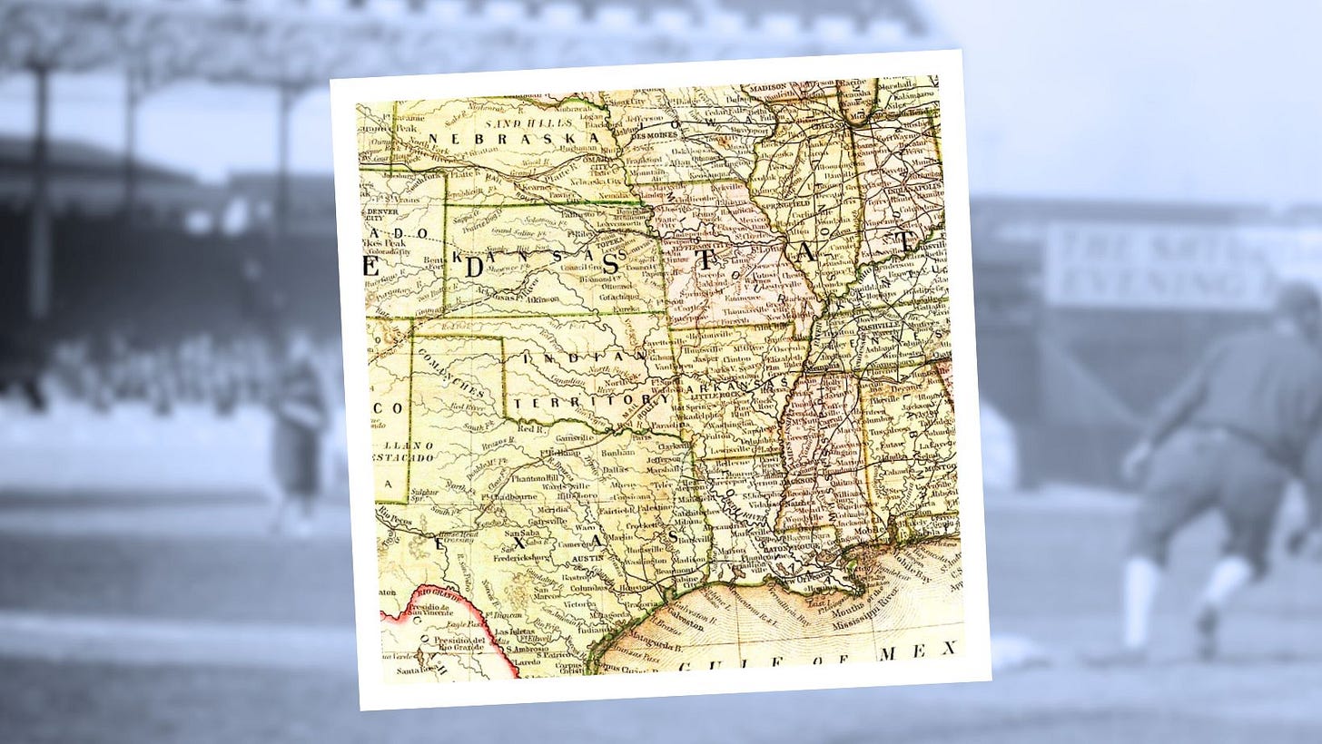 Against a blurry background photo of a baseball stadium lays a Polaroid image of an old map of the United States showing Illinois to the north and Texas to the south