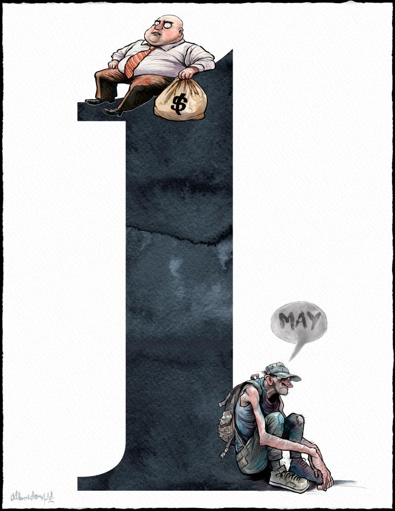 Cartoon showing a large 1 with a rich man holding a bag of money on top, while at the bottom a poor worker sits destitute, with a small speech bubble that says 'May'.
