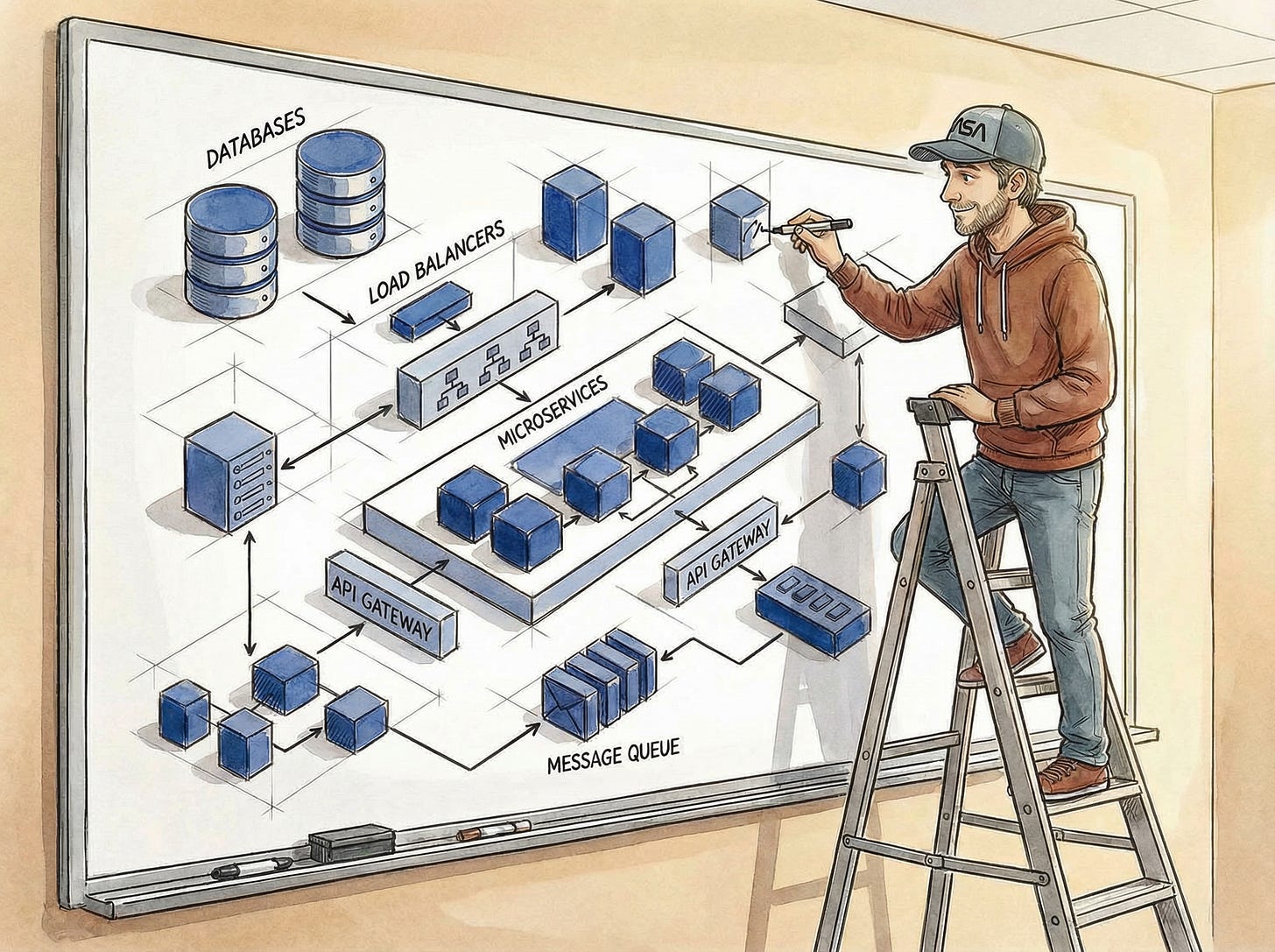 Software engineer standing on tall ladder in front of enormous whiteboard, confidently sketching sprawling system architecture diagram with boxes, arrows, and interconnected components representing databases, load balancers, and microservices, hand-drawn watercolor with isometric 3D perspective