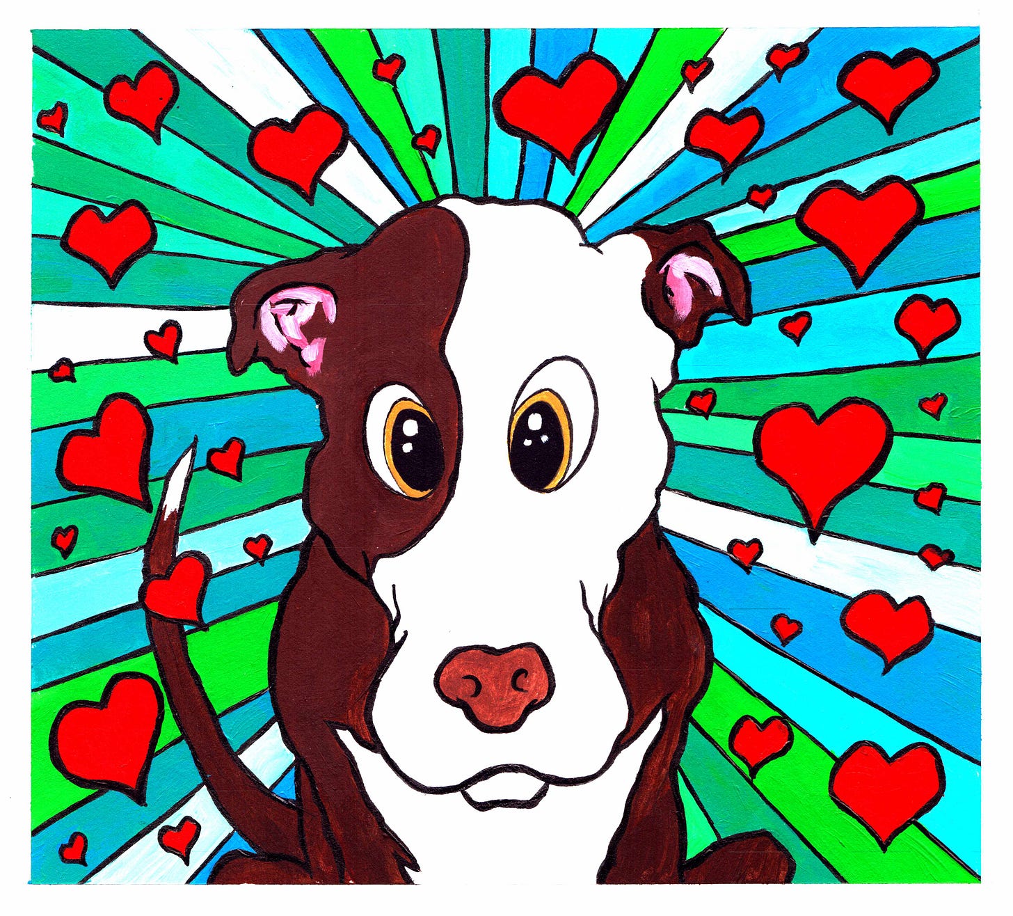 Illustration of a pittie smiling with rays emanating and hearts expressing love all around her hair.