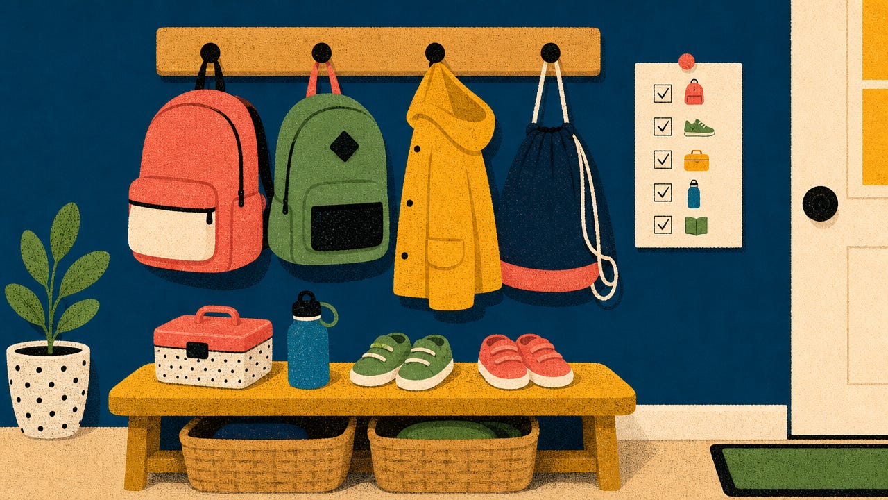 A family launch pad by the front door — school bags on hooks, shoes and lunchbox on the bench, and a picture checklist on the wall for back-to-school organisation