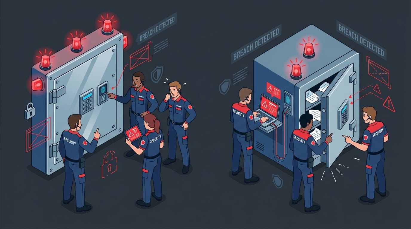 Flat isometric illustration of two separate high-security vaults on opposite sides of the scene, both displaying flashing red warning lights, small security teams gathered around each vault investigating breaches, dark charcoal background, clean vector art style, blue and red color palette, modern cybersecurity editorial aesthetic Flat isometric illustration of two separate high-security vaults on opposite sides of the scene, both displaying flashing red warning lights, small security teams gathered around each vault investigating breaches, dark charcoal background, clean vector art style, blue and red color palette, modern cybersecurity editorial aesthetic