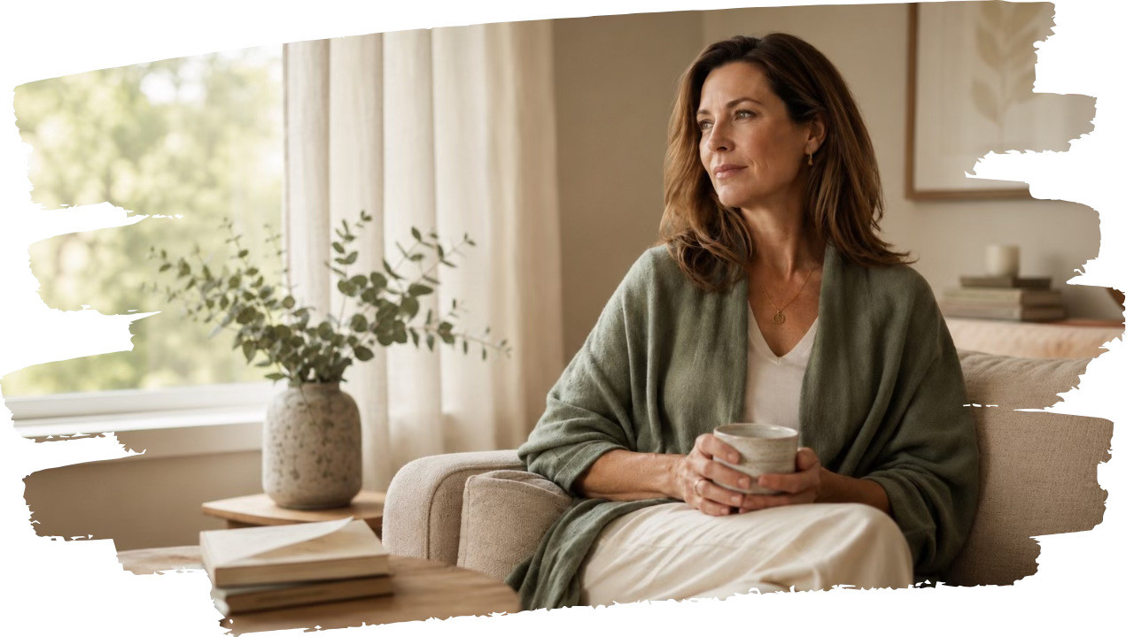 Thoughtful woman sitting quietly by a window, reflecting with calm and gentle awareness.