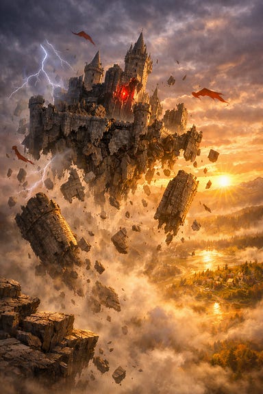 Castle Ravenloft collapsing as Strahd is destroyed, enchantment fails, towers falling into misty valley at dawn