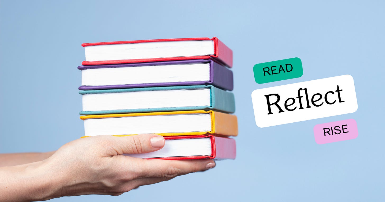 Stack of colorful books held in hand with text Read, Reflect, Rise – symbolizing self-help for tech professionals