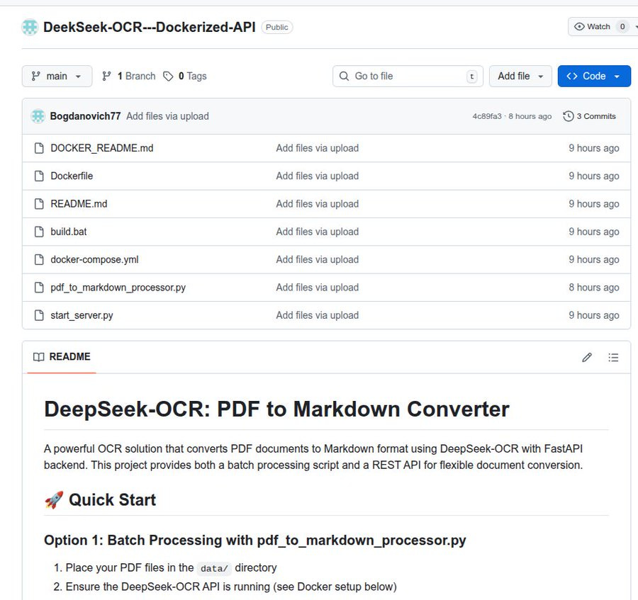 Screenshot of DeepSeek-OCR PDF to Markdown Converter interface in a web browser. Displays a file upload section with listed files including begin.yaml branch tags search to file 3 comments add file. Shows options to add files via upload. Includes sections for Docker README.md build cat yaml pdf markdown processor py start server py README. Features a powerful OCR solution description that converts PDF documents to Markdown format using DeepSeek-OCR with FastAPI. Mentions batch processing script and REST API for flexible document conversion. Provides start processing instructions: place PDF in docs directory run pdf to markdown processor py ensure DeepSeek-OCR API running docker setup below.
