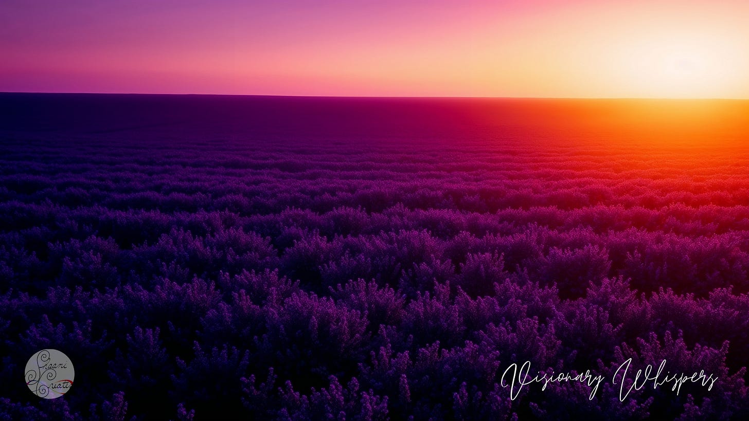 A wide lavender field stretches toward a calm horizon under a soft gradient sky, shifting from deep violet into warm light. The repetition of the landscape creates a sense of steadiness and ease, inviting the eye to rest rather than search. The image reflects presence as a holding field—quiet, grounded, and complete without effort.